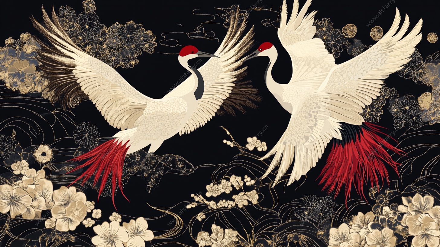 双鹤舞繁花中式插画