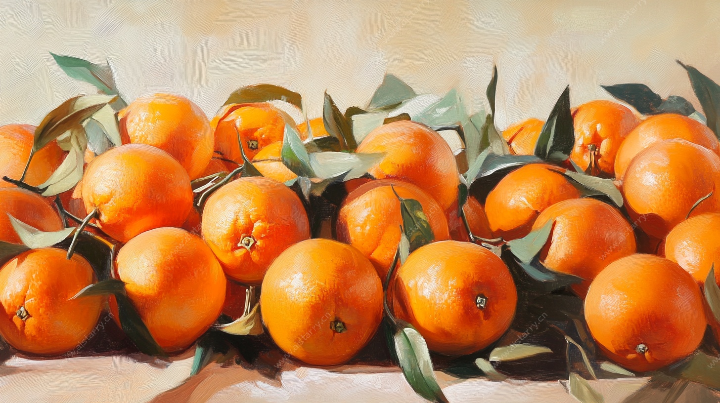 一堆带叶的新鲜橙子油画
