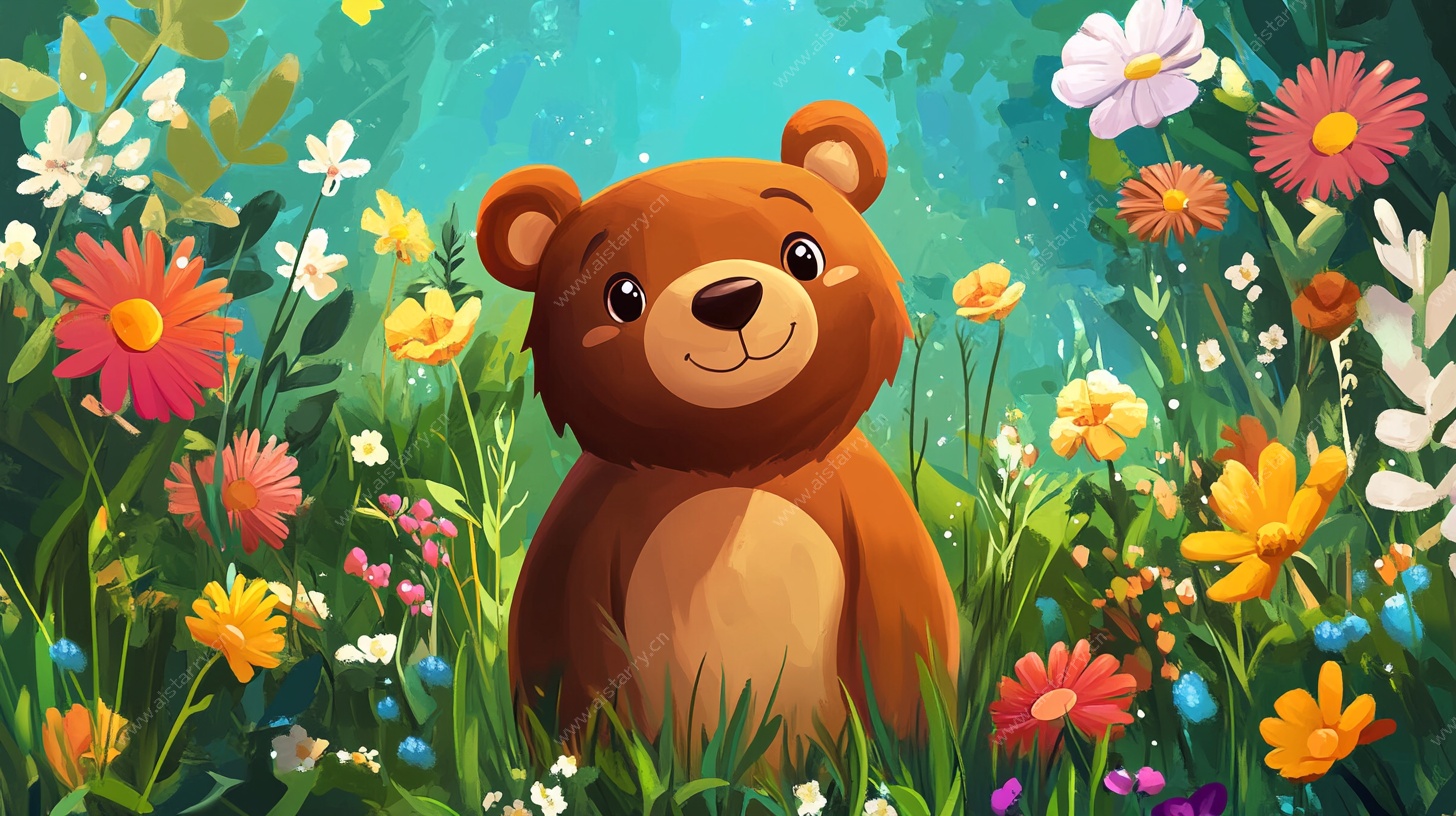 花丛中的可爱小熊