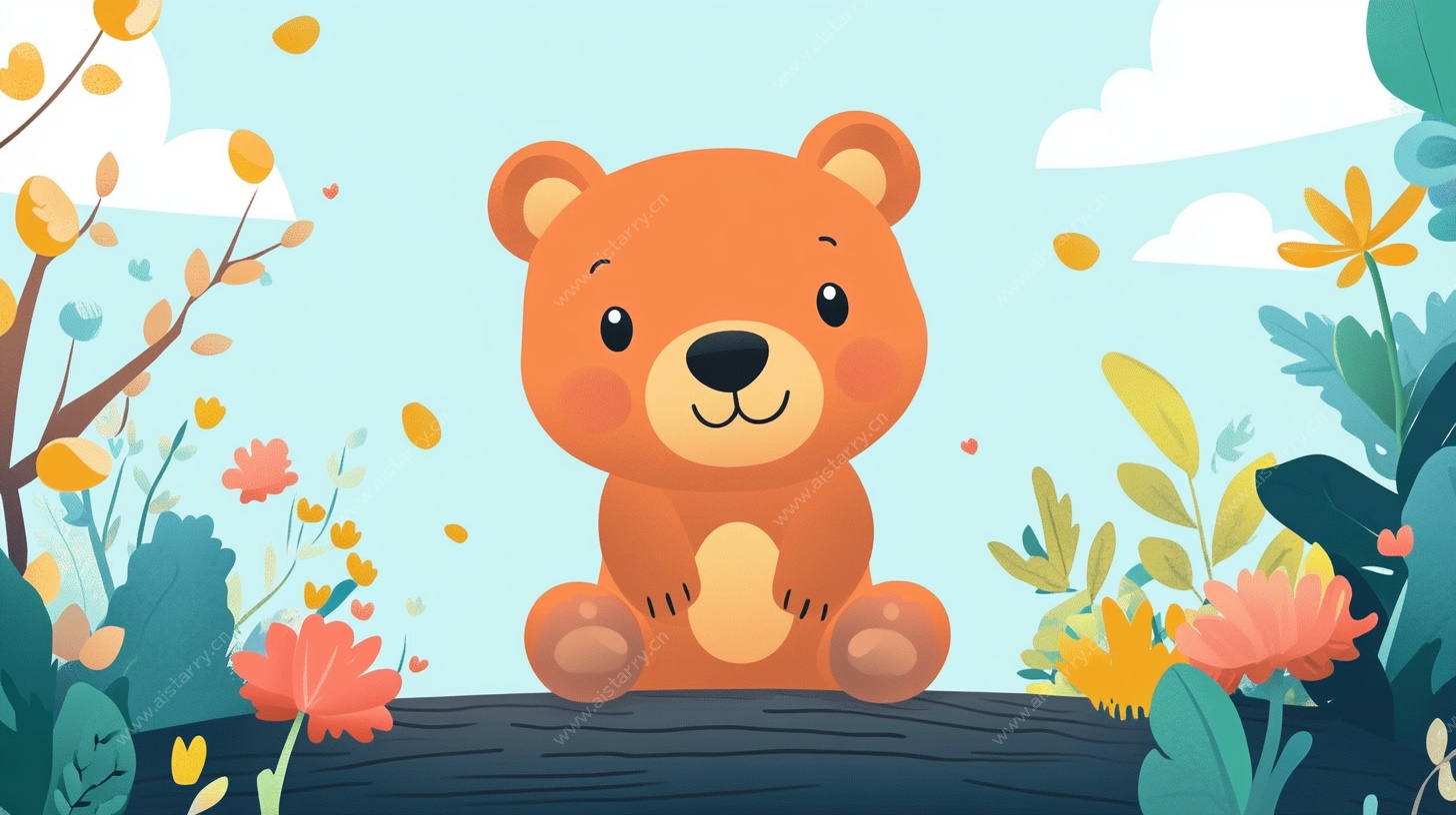 可爱小熊坐于花草间
