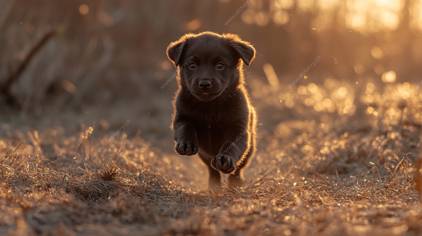 夕阳下奔跑的小黑狗