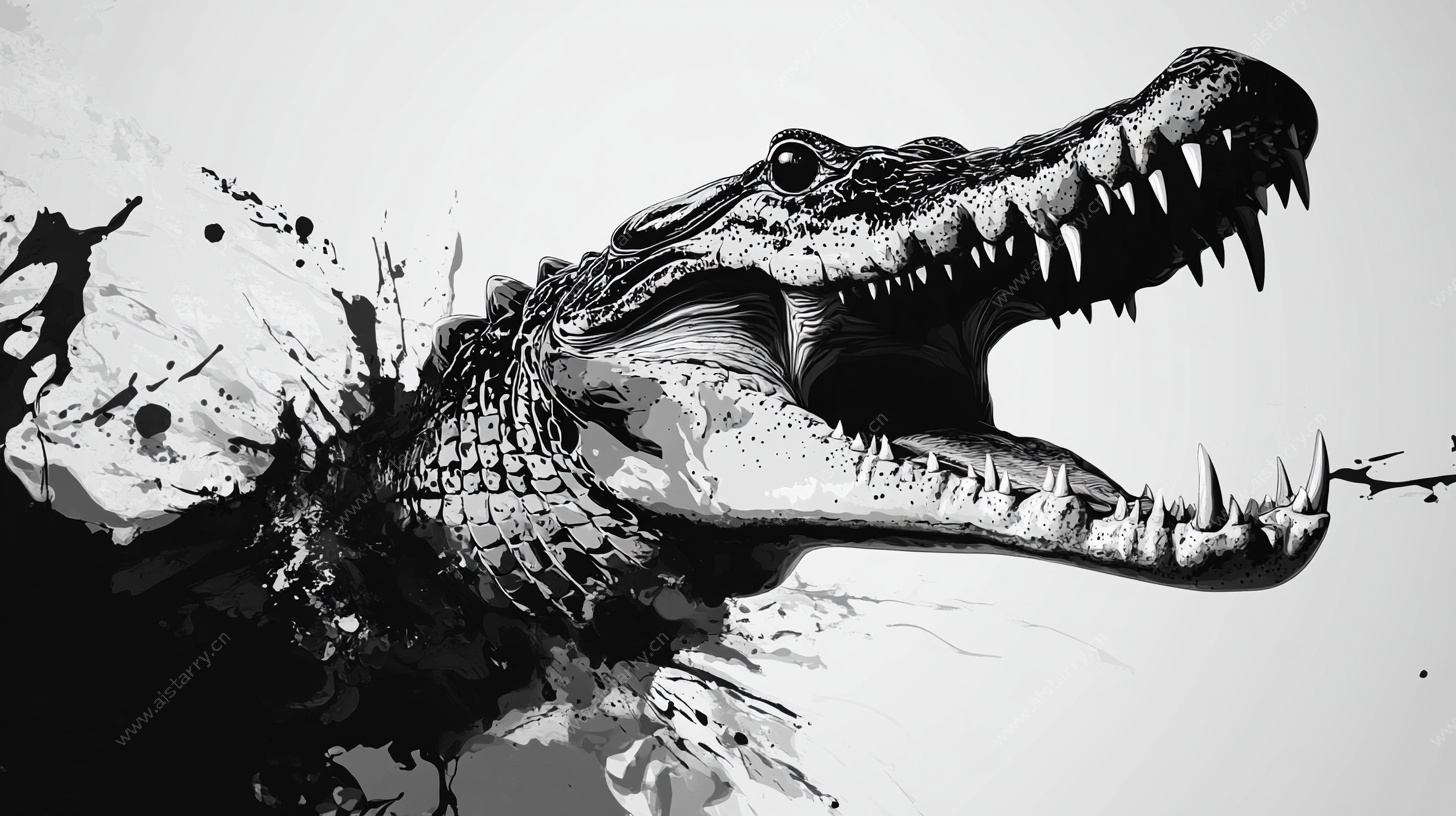 水墨风格张开嘴的鳄鱼