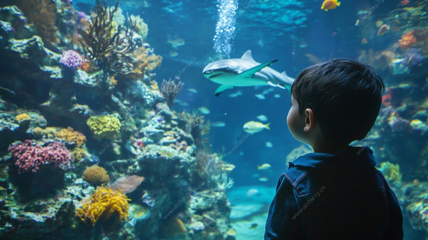 小孩观赏水族馆奇妙景观
