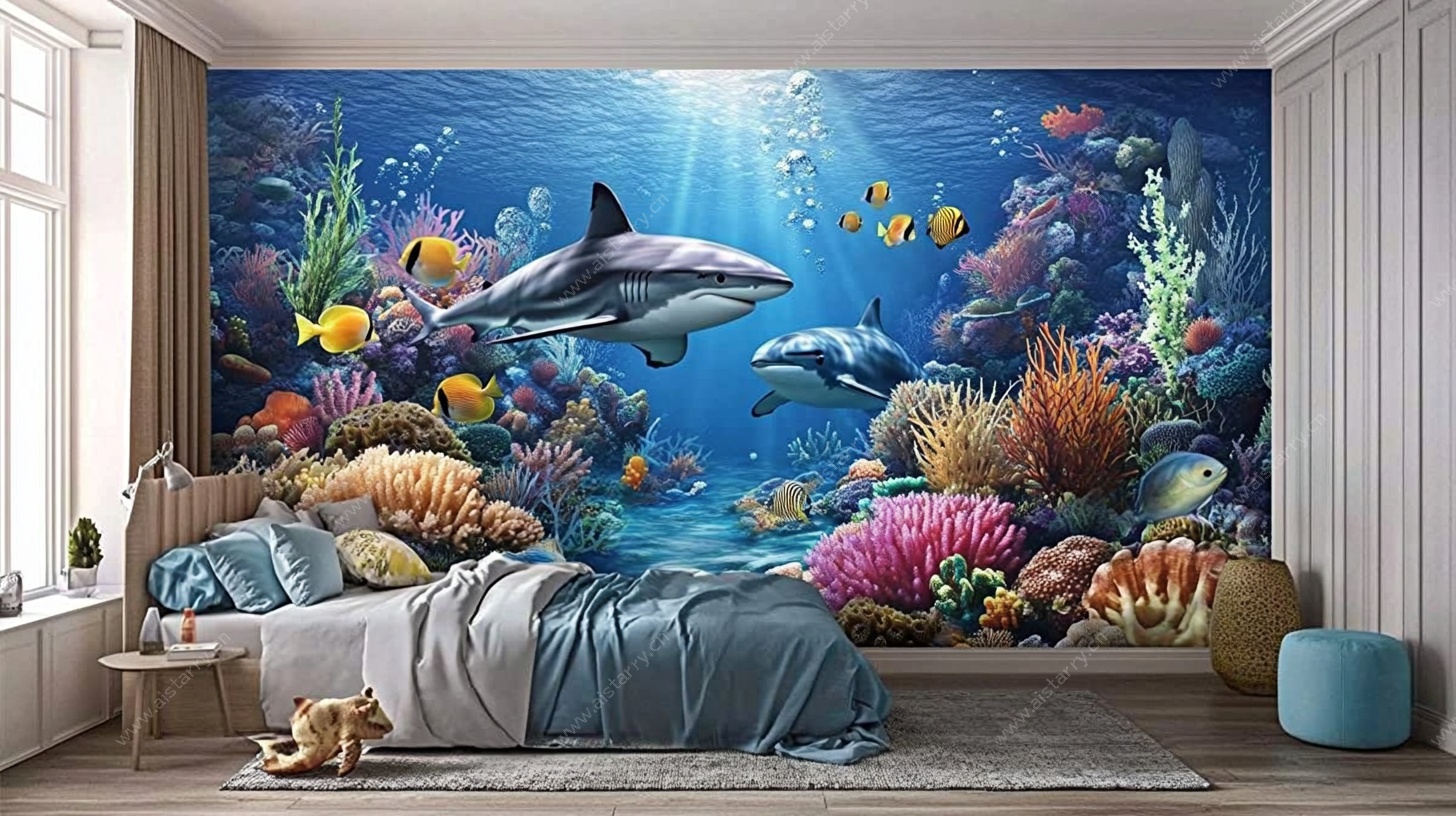 海底世界主题卧室背景墙