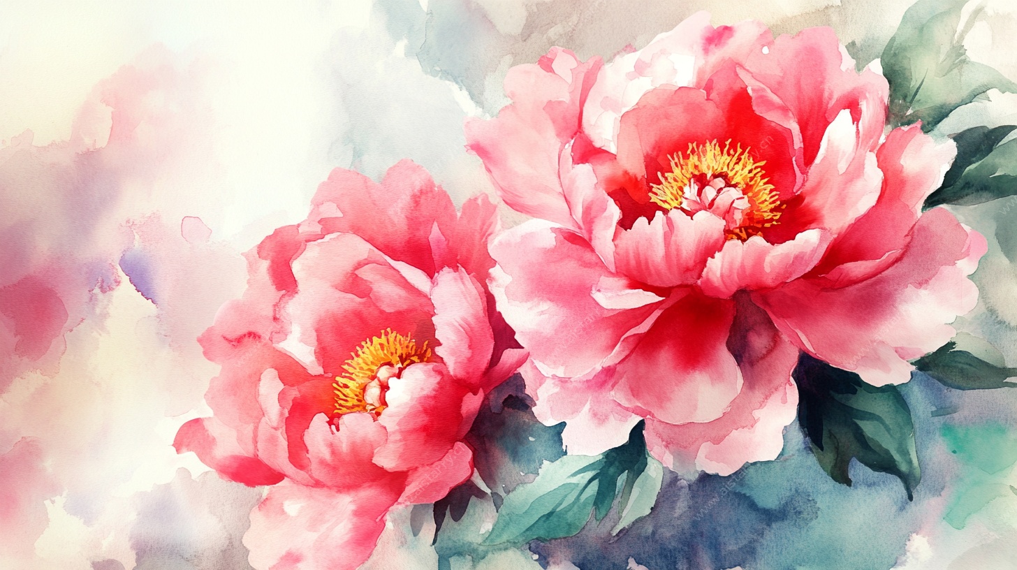 水彩绘就的娇艳牡丹花