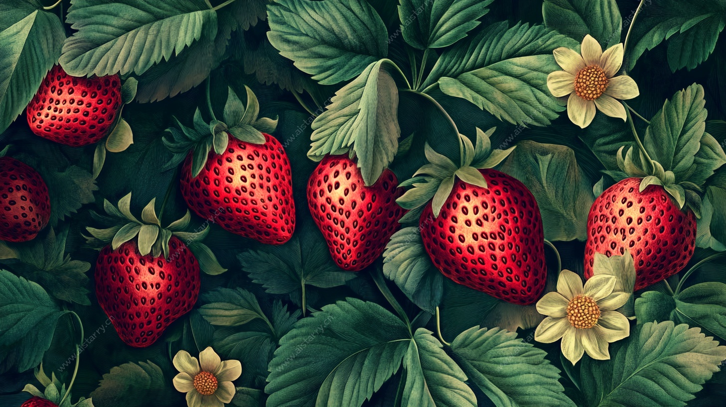 草莓绿叶花卉插画图案