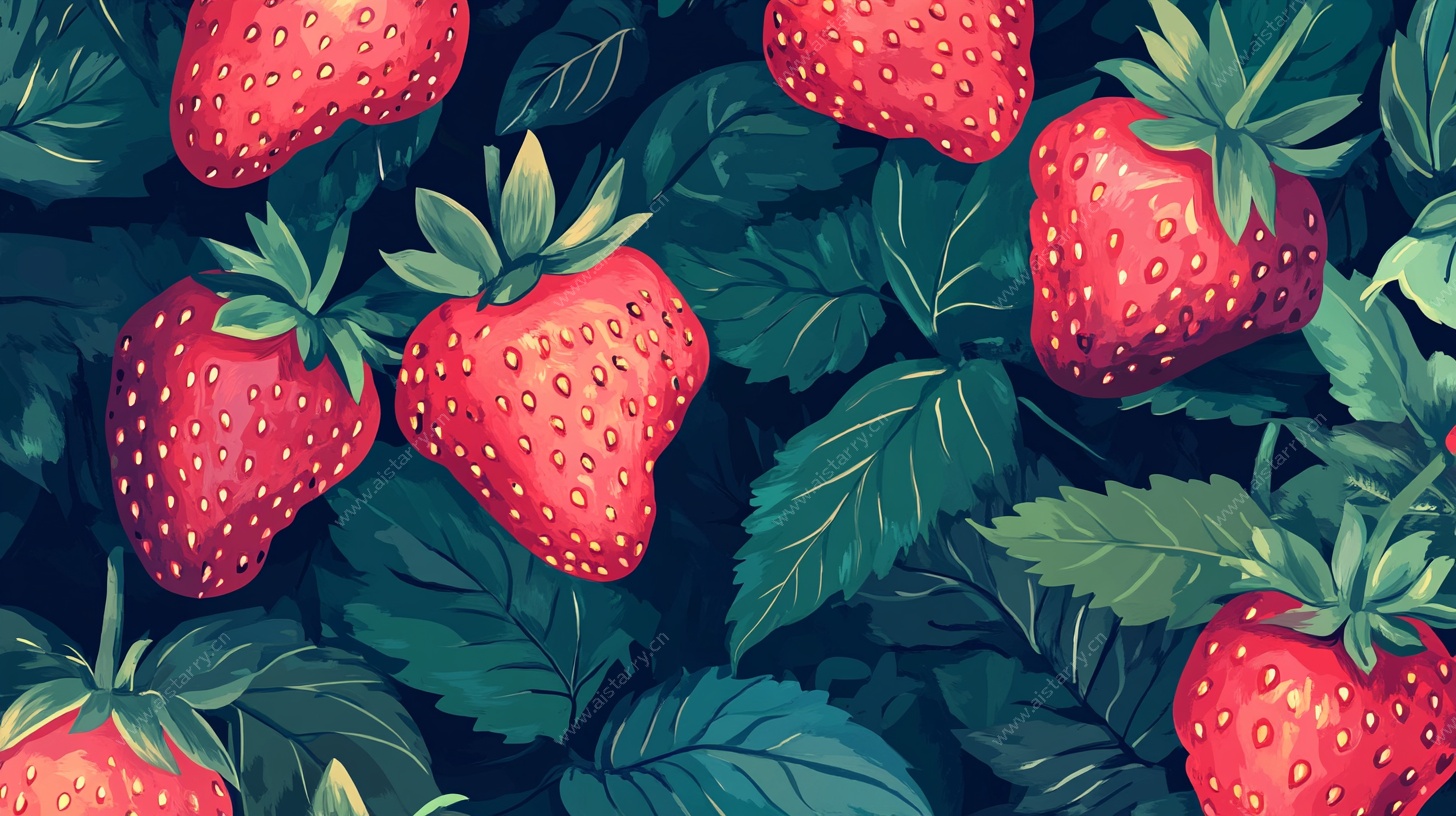 草莓绿叶无缝插画图案