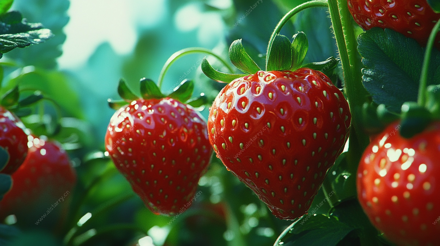 鲜红饱满的草莓果实