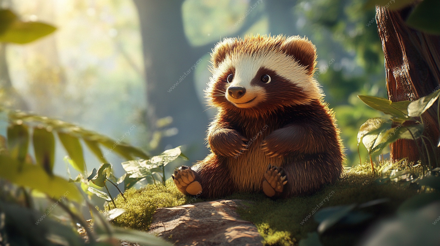 可爱小狸坐在森林石头上