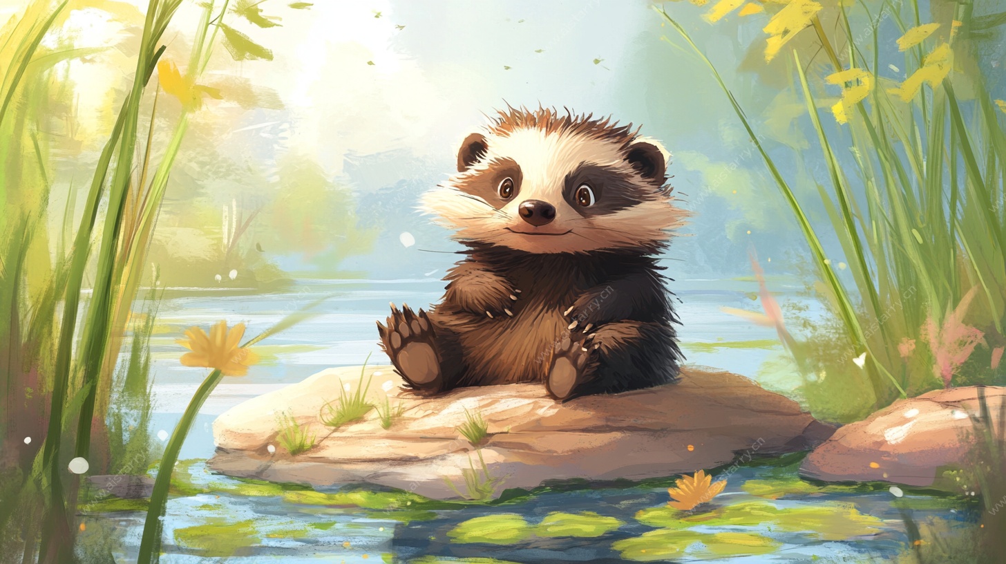 河边休憩的可爱小獾