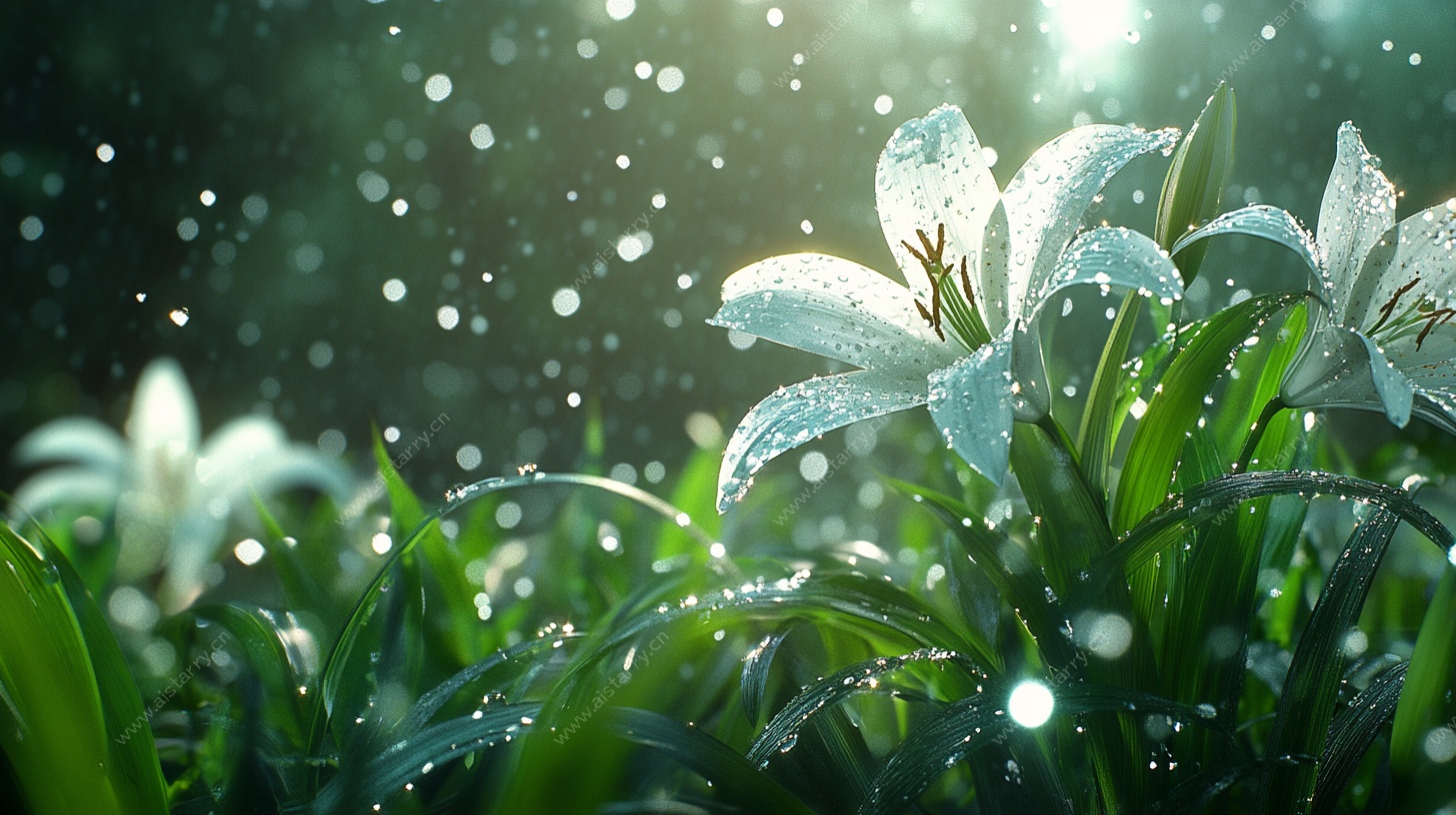 露珠点缀下的清新百合花