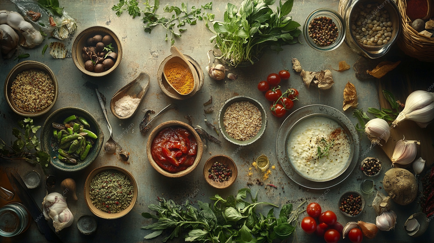 多样调料与新鲜食材集合