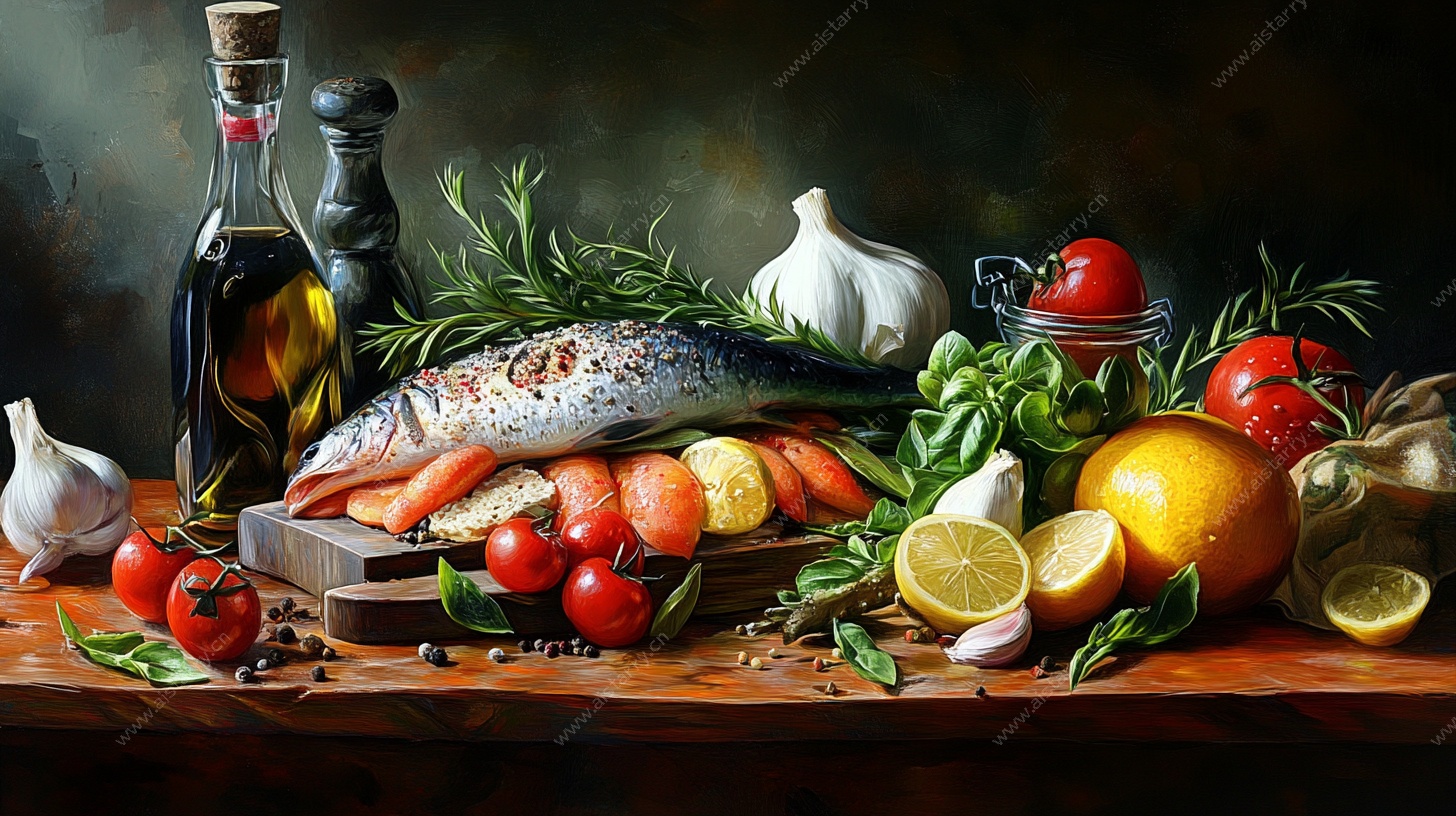 静物油画 鲜鱼与多彩食材