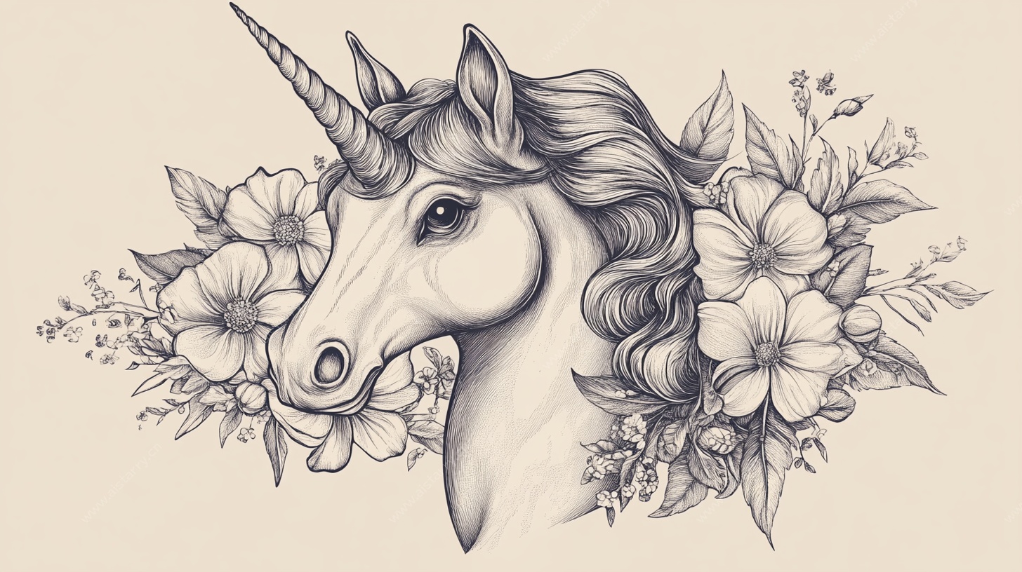 独角兽花卉插画