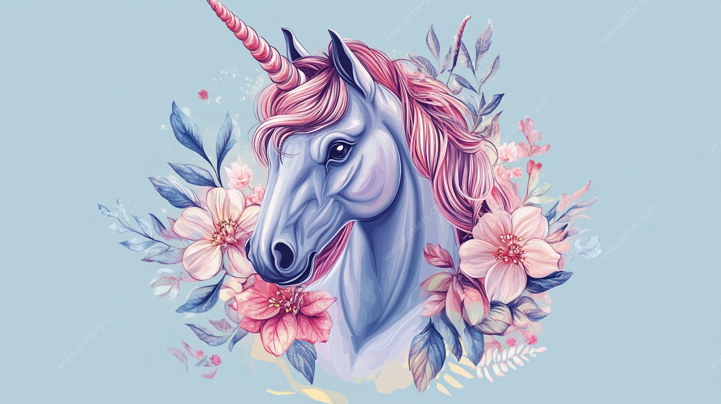 梦幻独角兽花卉插画