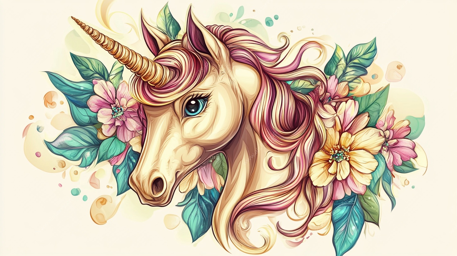 梦幻独角兽花卉插画