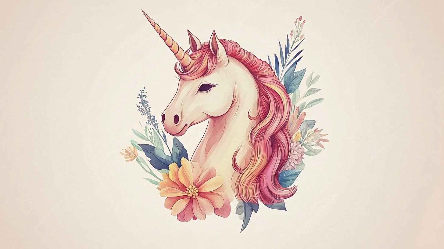 梦幻独角兽花卉插画