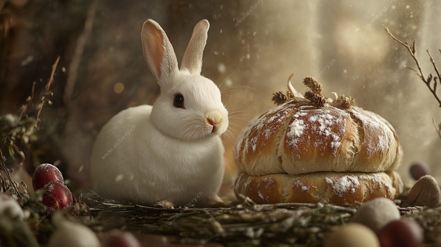 白兔与面包的温馨场景