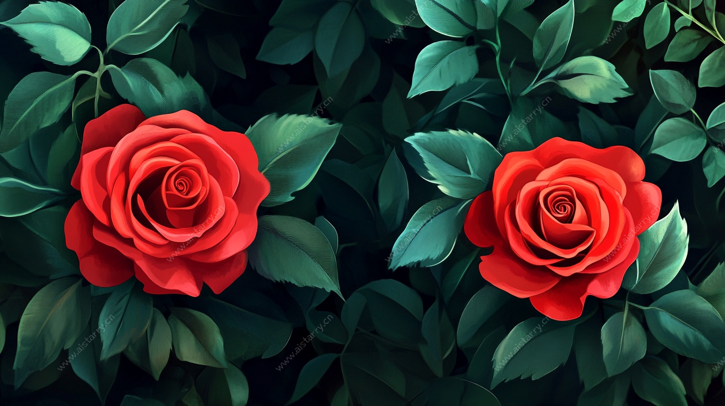 两朵娇艳红玫瑰与绿叶