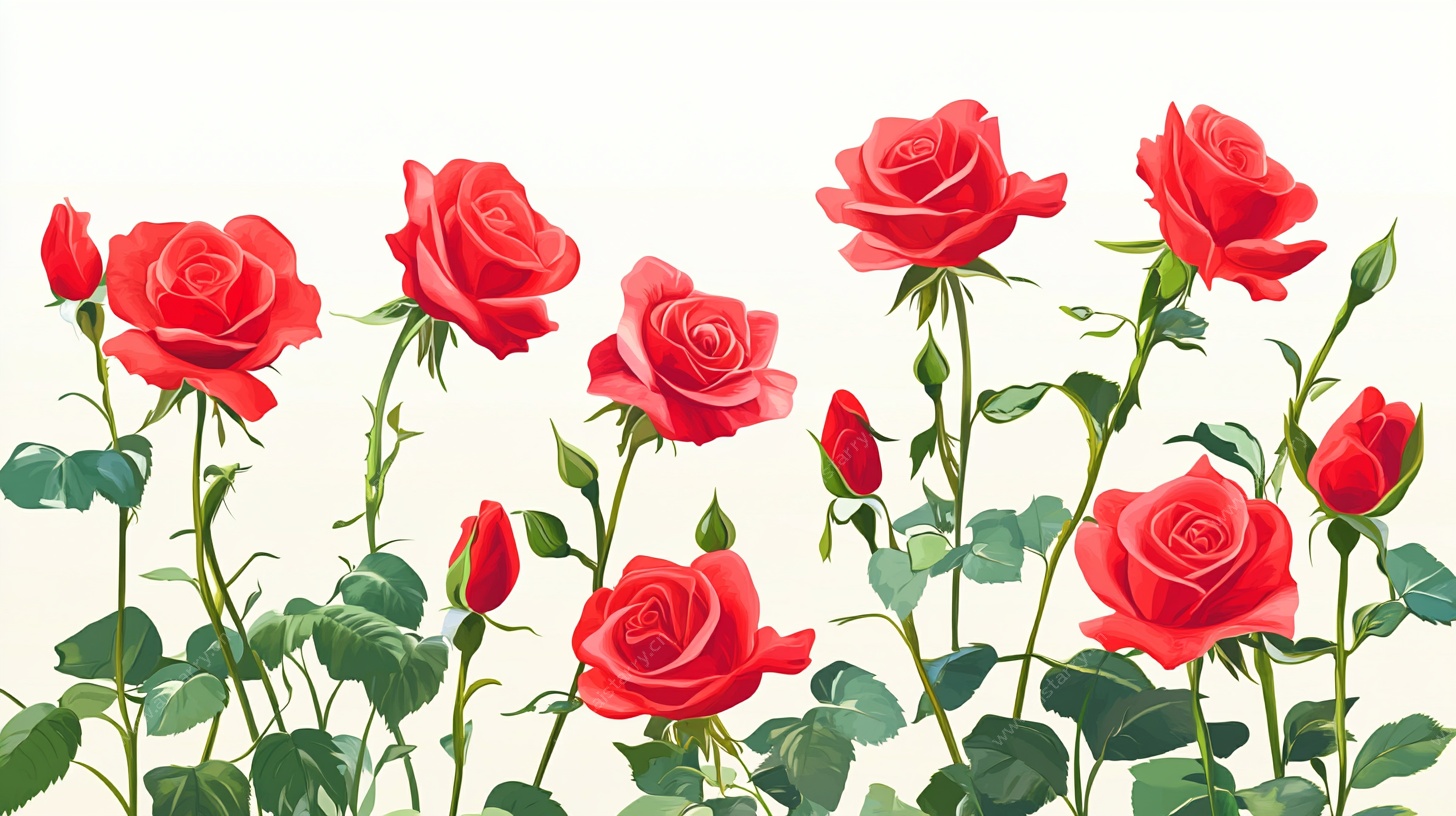 鲜艳红玫瑰花卉插画