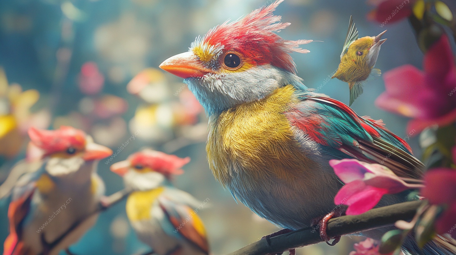 五彩斑斓小鸟栖于花枝间