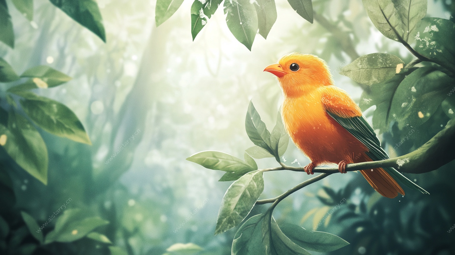 林间橙鸟栖枝图