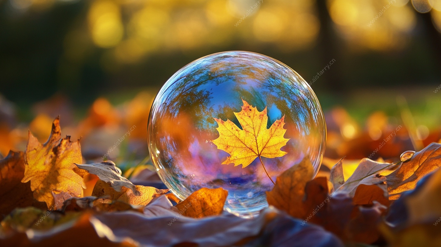 秋景中的梦幻泡泡与枫叶