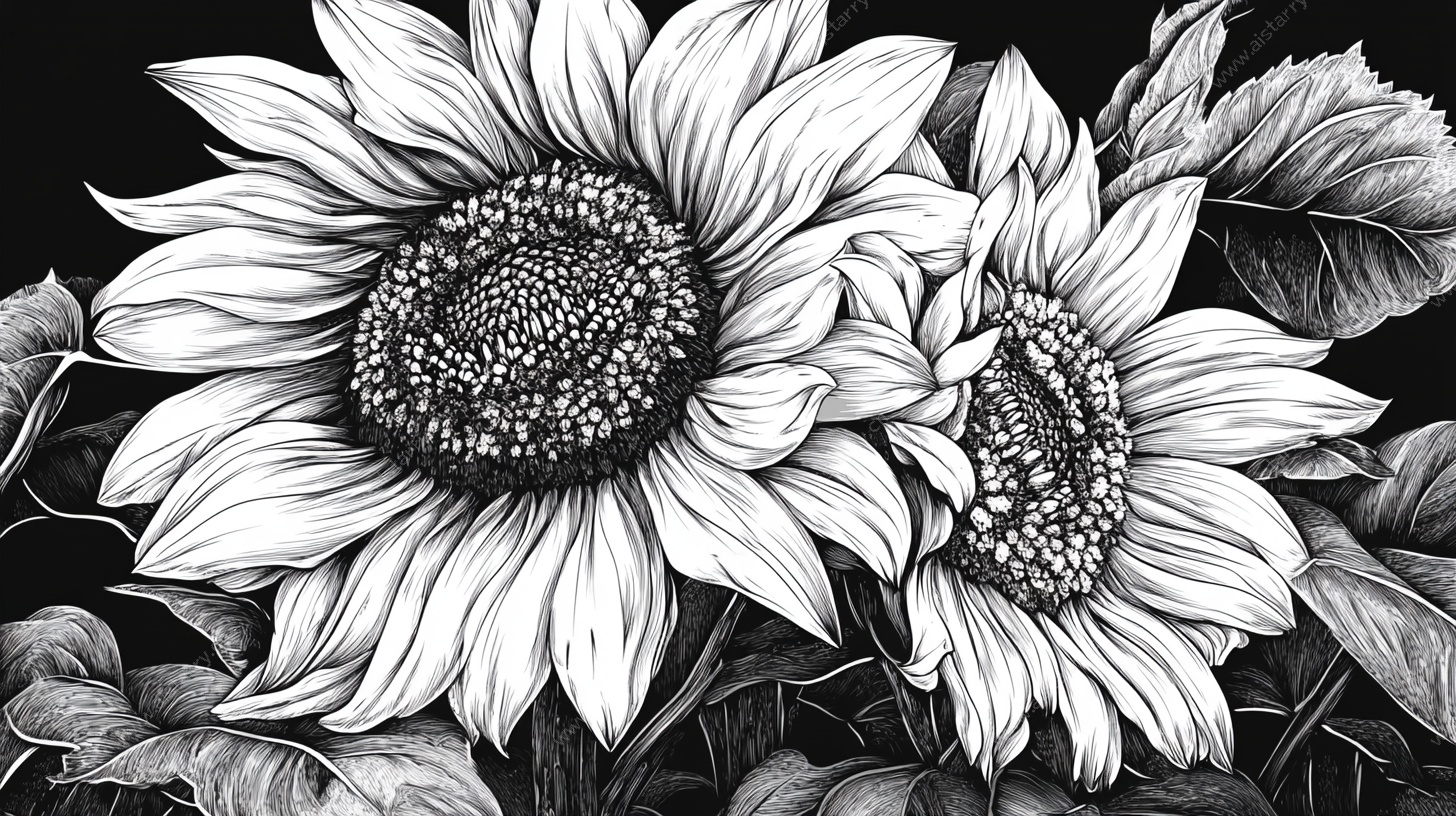 黑白向日葵插画