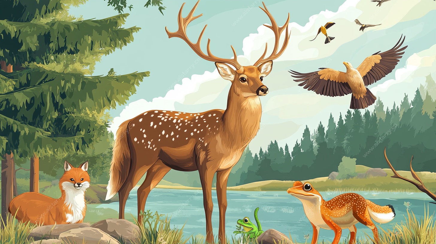 森林中的动物和谐场景