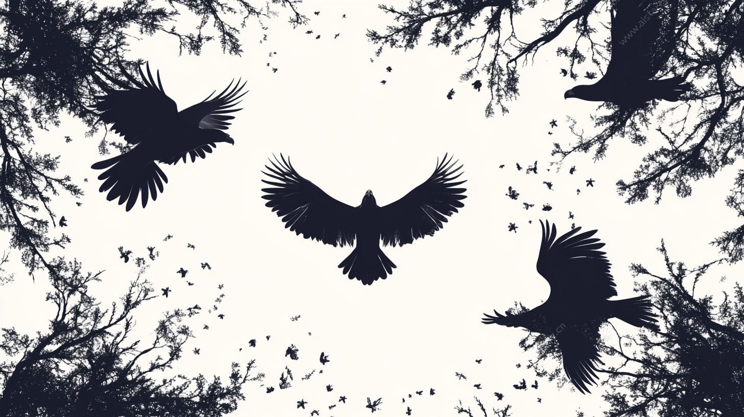 群鸦展翅于林间剪影
