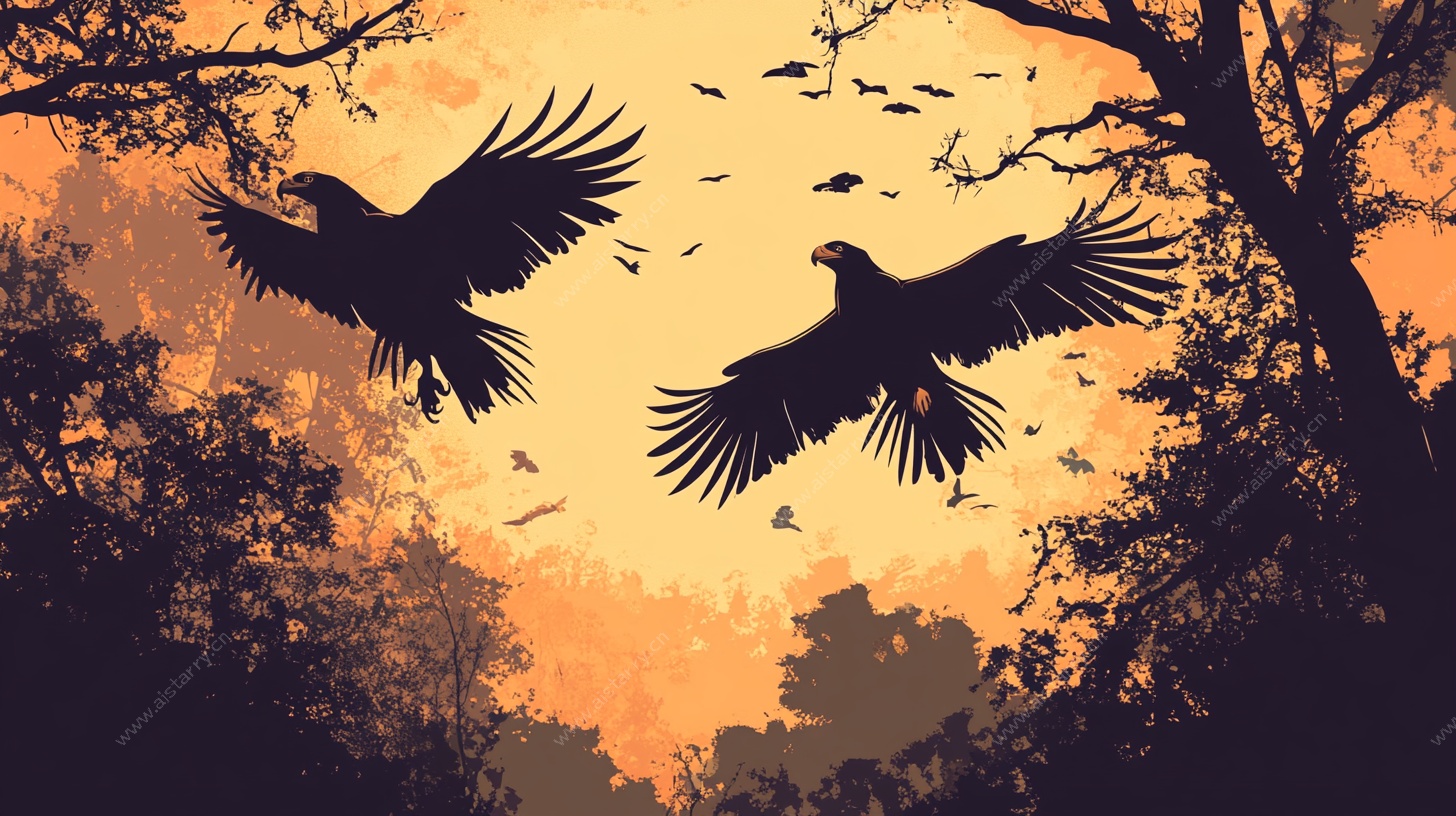 黄昏中双鹰翱翔图景