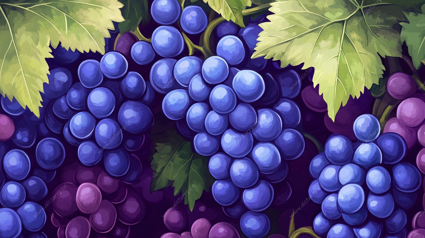 饱满紫葡萄与绿叶插画