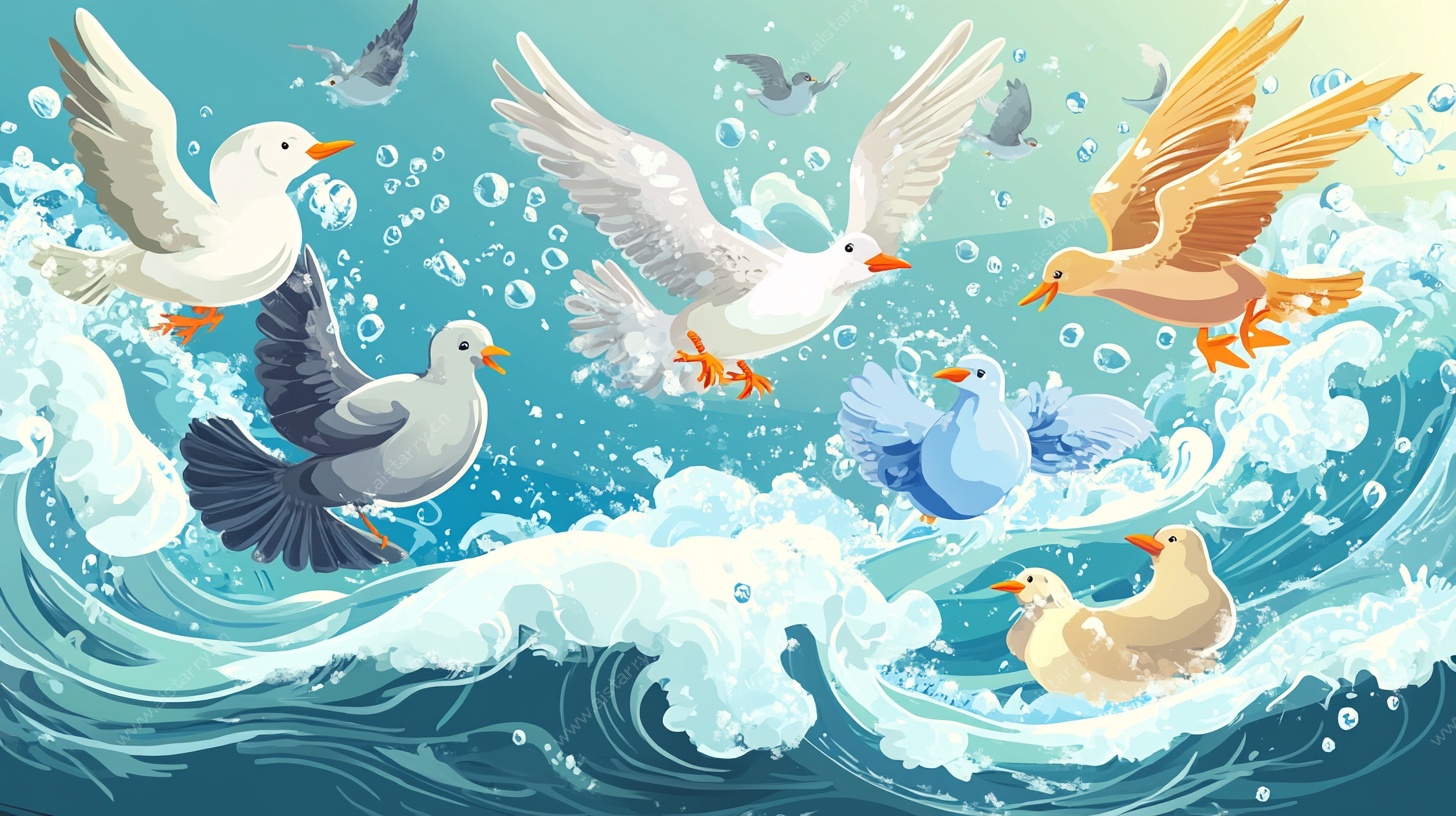 海鸥翔于海浪之上插画
