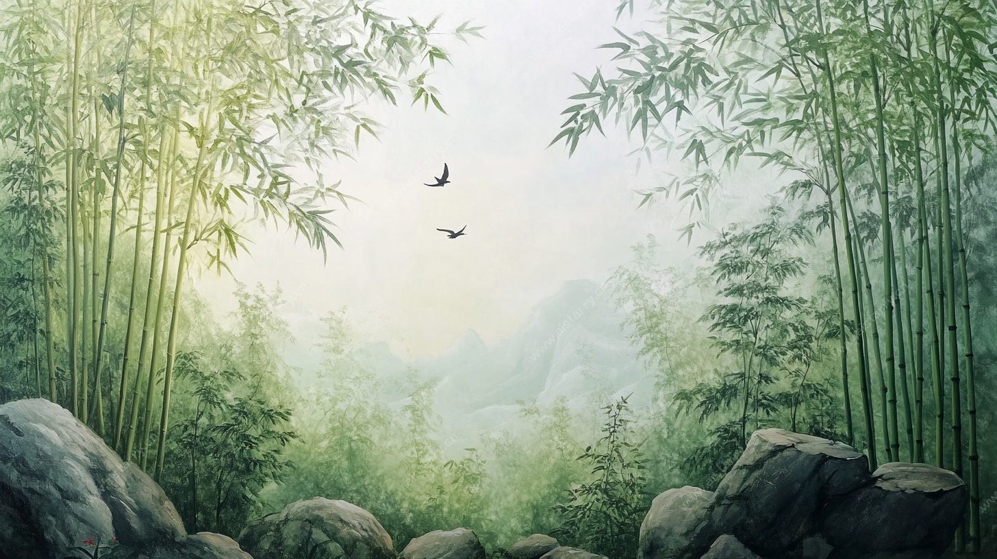 清幽竹林间飞鸟图
