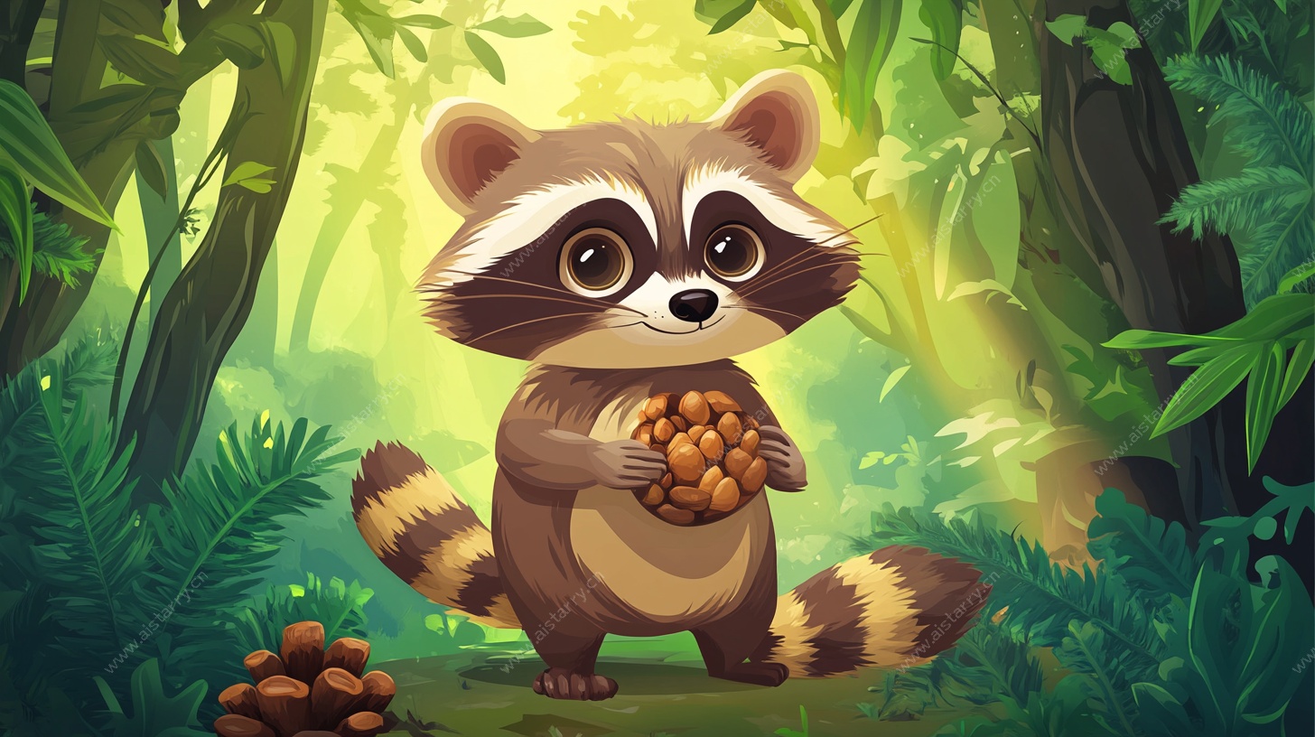 森林中的浣熊与松果