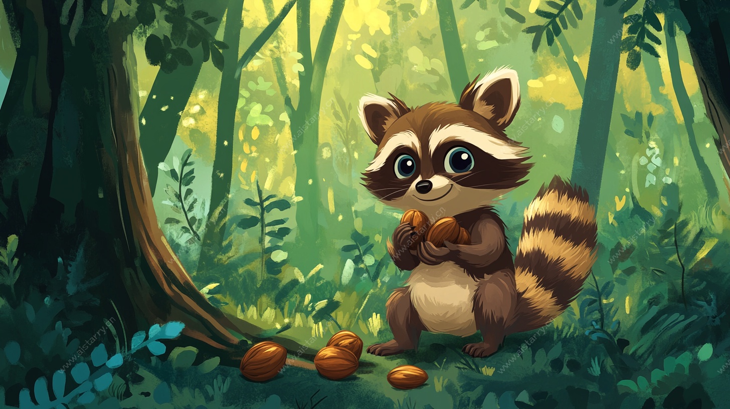 森林中的浣熊吃坚果