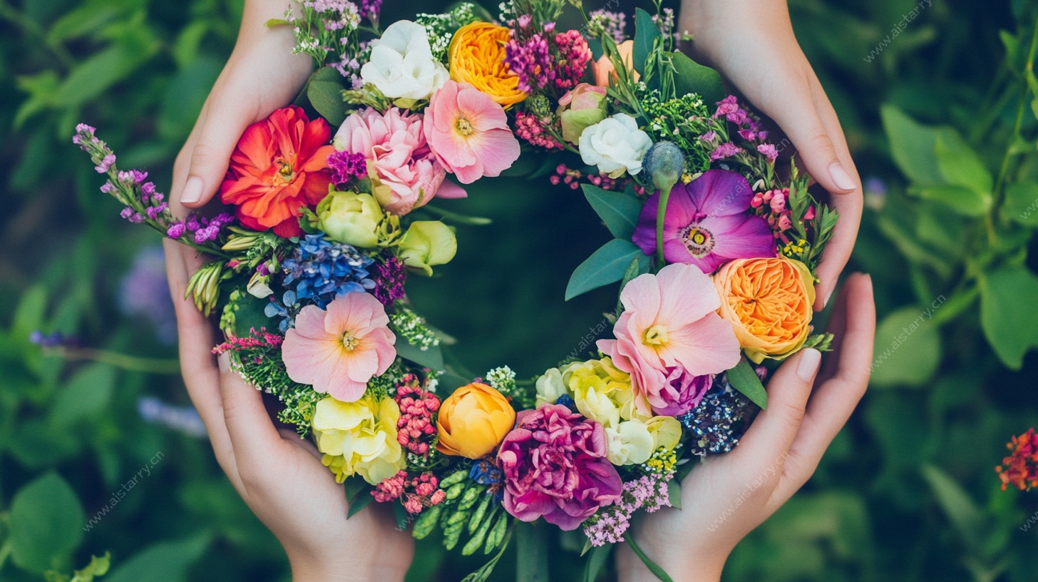 双手捧起多彩鲜花花环