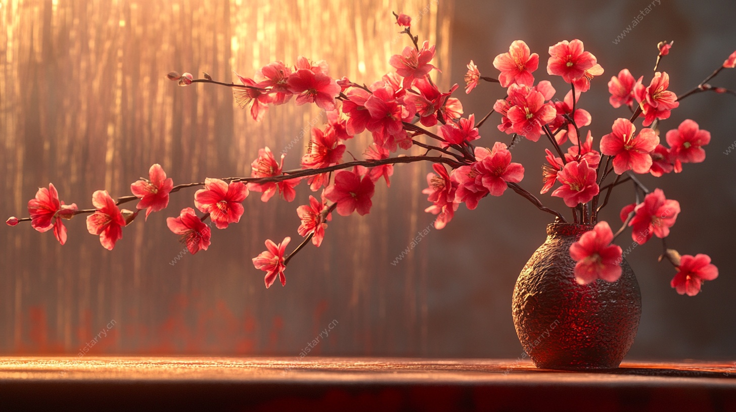 窗边花瓶中的艳丽桃花