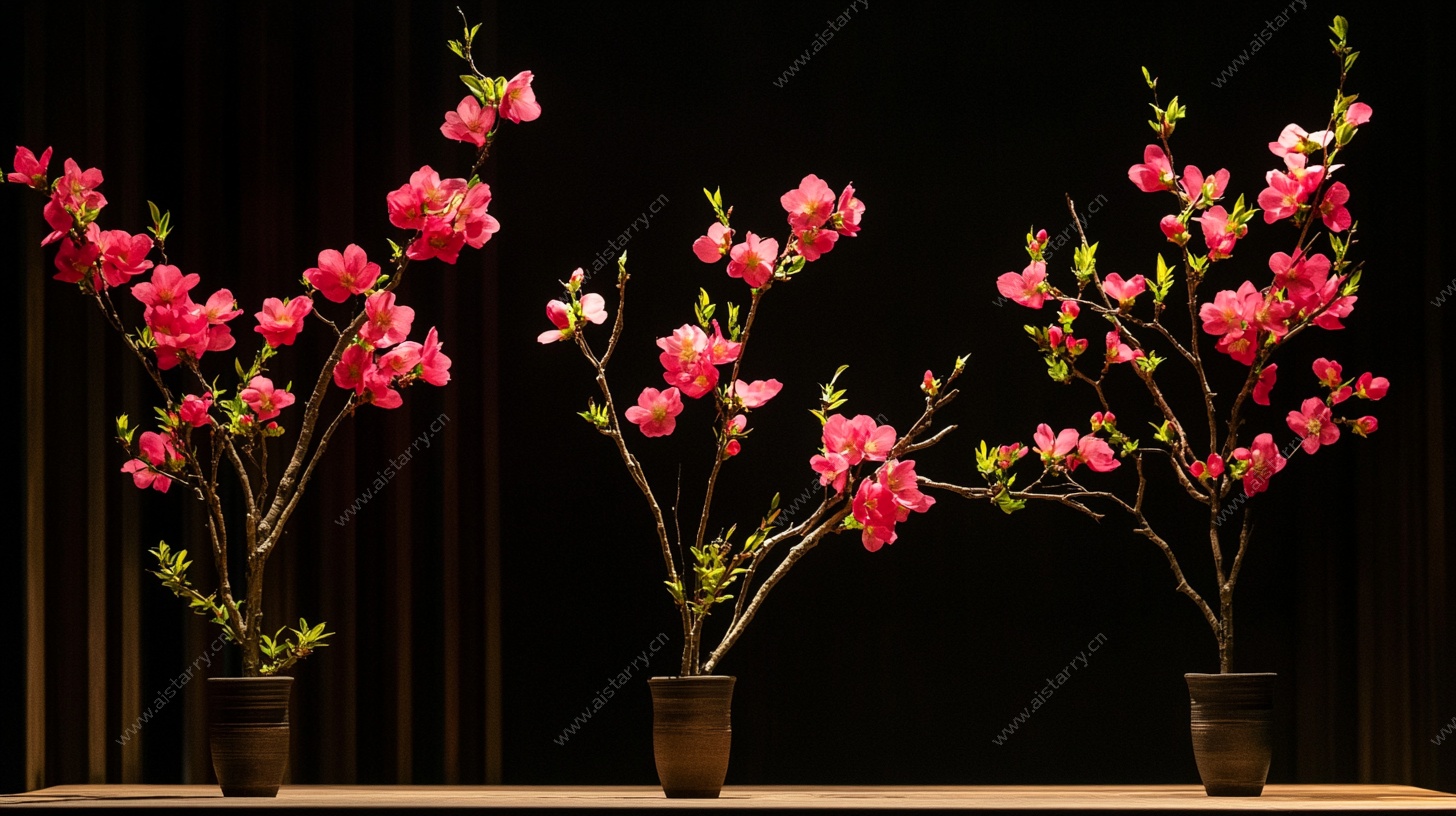 三盆娇艳盛放的红桃花