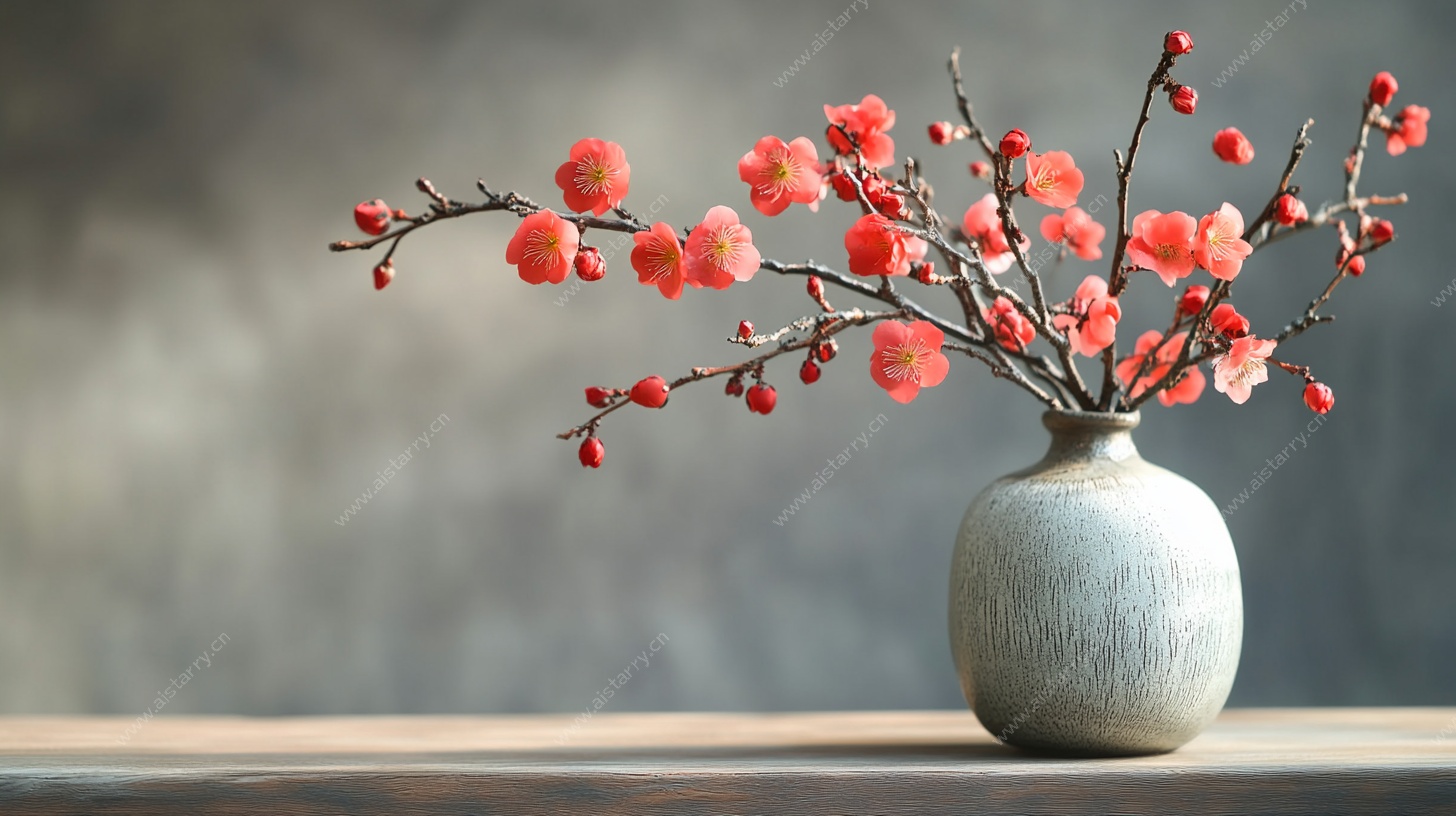 中式花瓶插红梅雅致图
