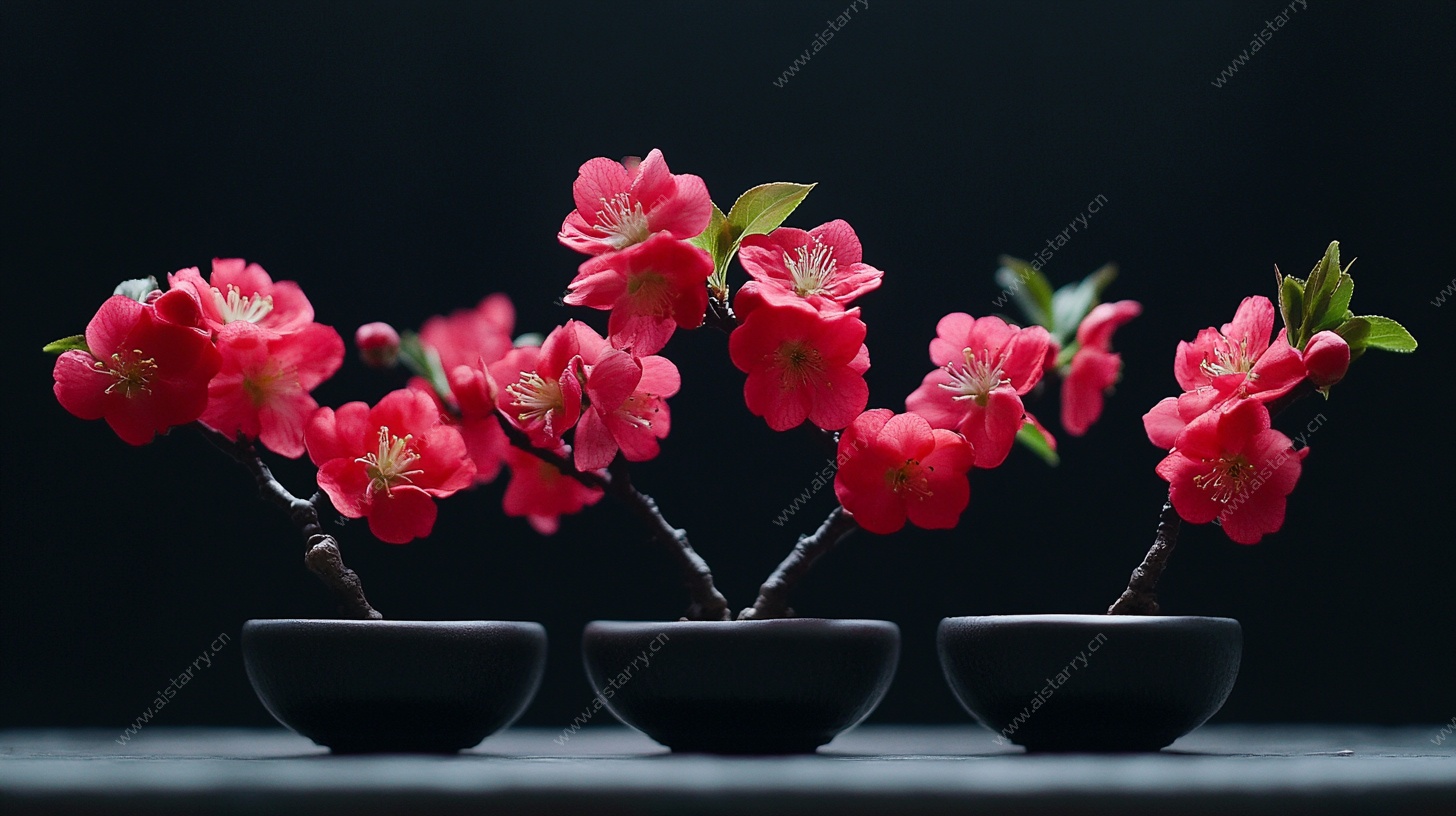 三盆绽放的娇艳红桃花