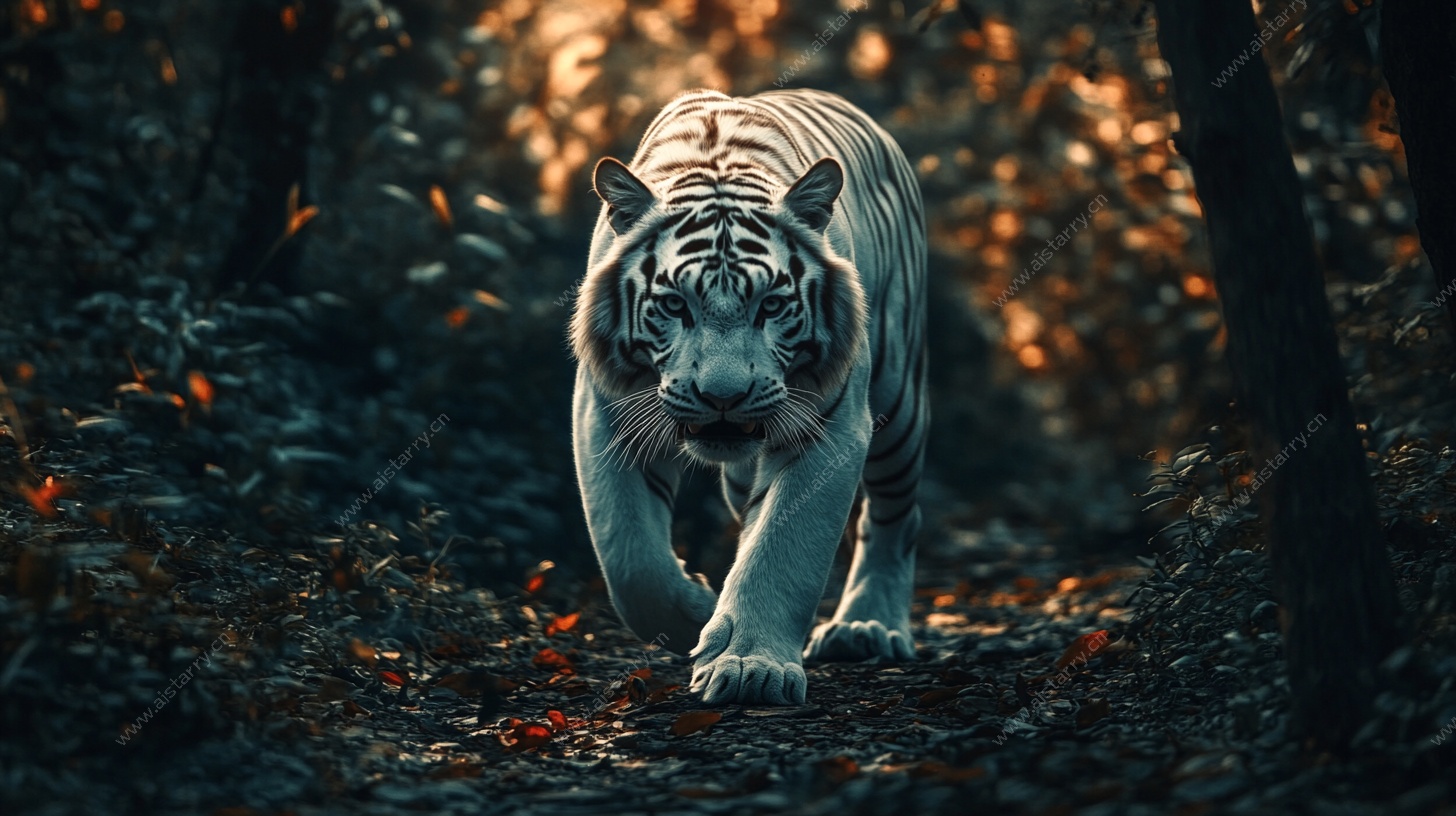 森林中漫步的白色老虎