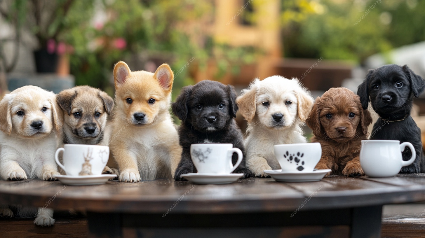 可爱幼犬围坐茶杯萌态足