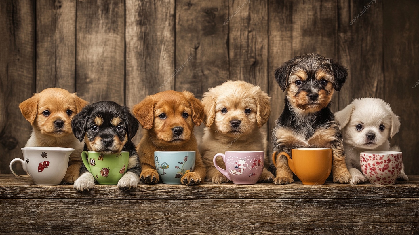 可爱小狗与多彩杯子同框