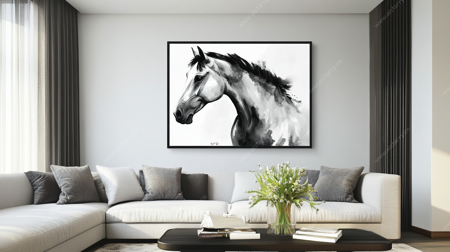 客厅中的骏马艺术挂画