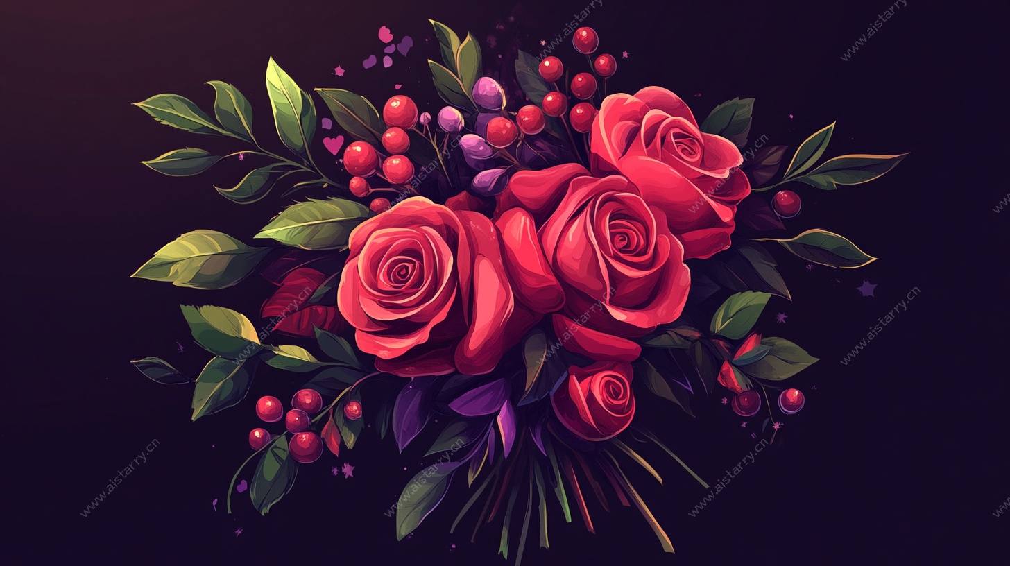 艳丽红玫瑰花卉插画