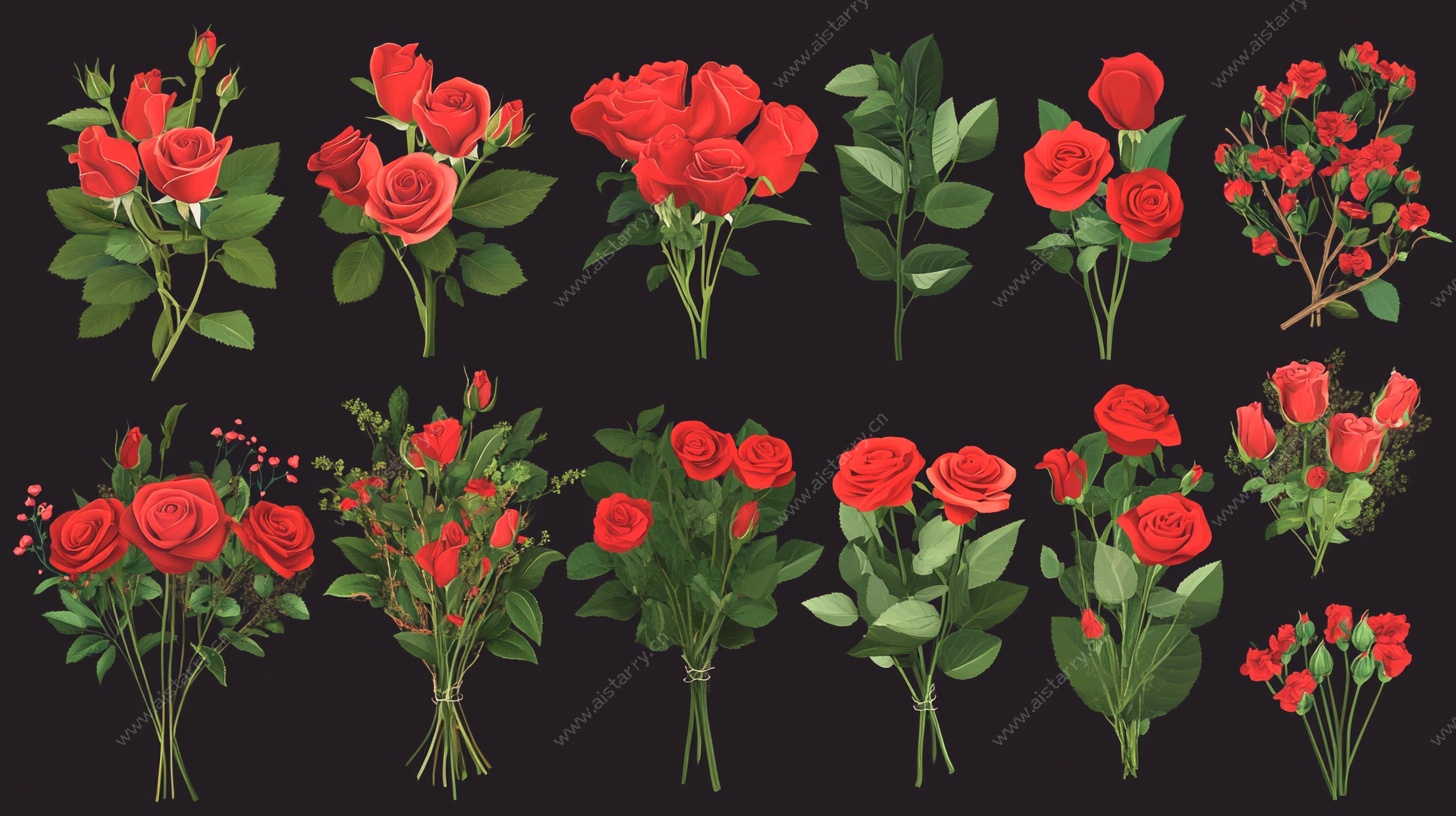 多样红玫瑰插画集合