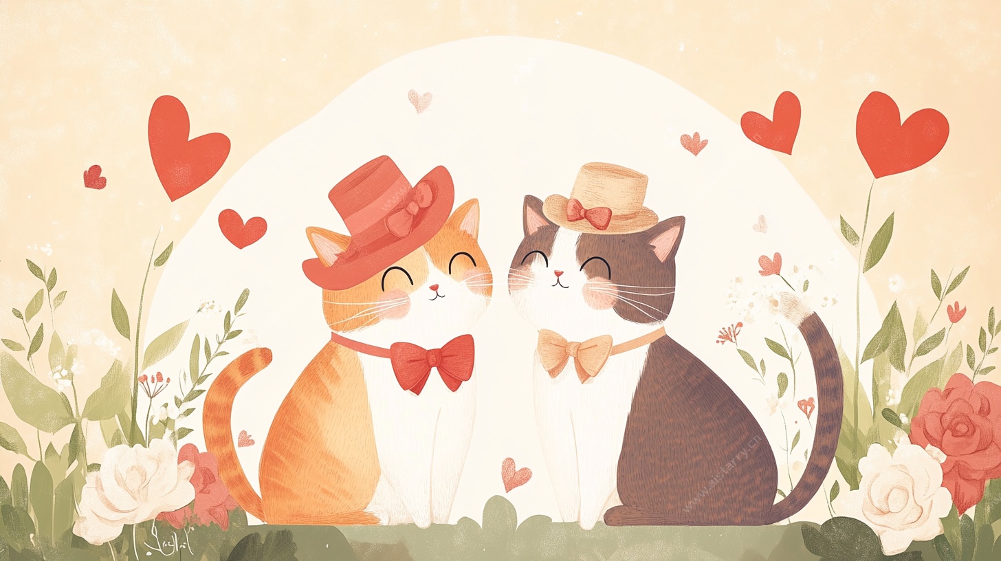 甜蜜猫咪情侣插画