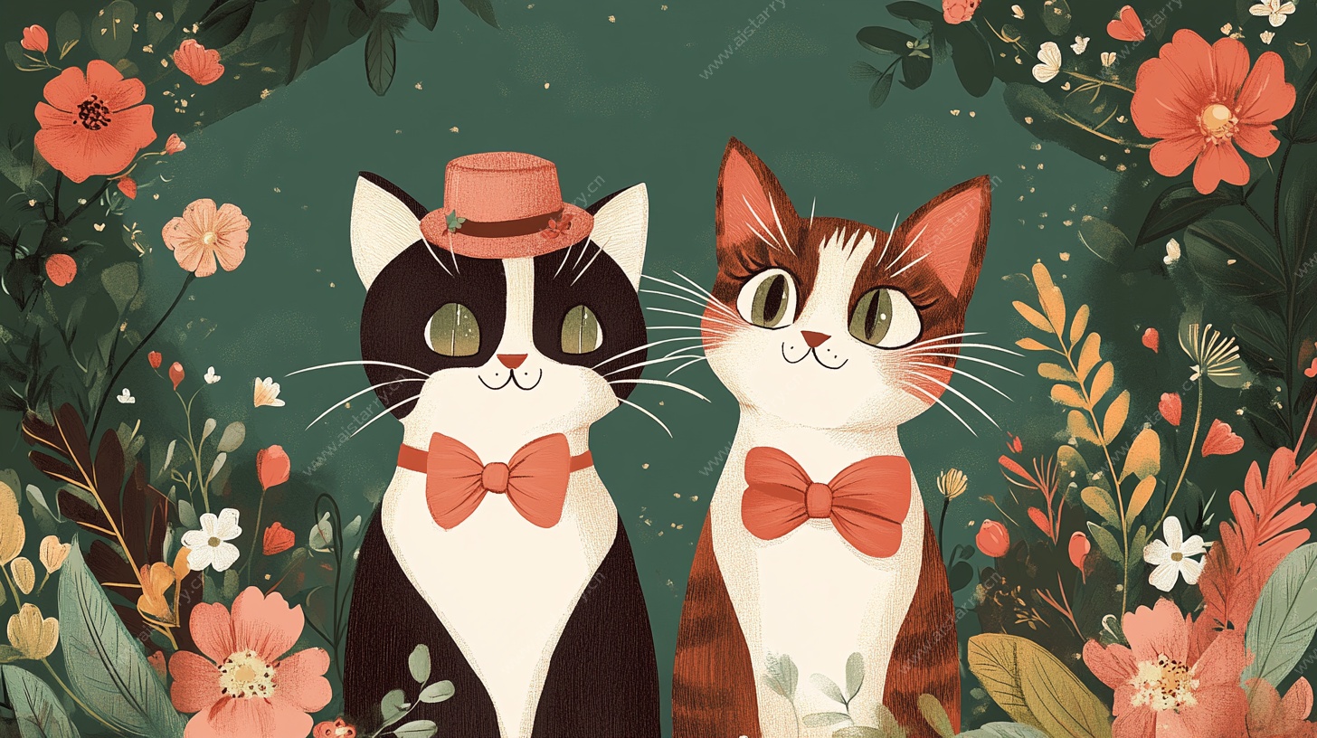 戴帽猫咪的浪漫花卉世界