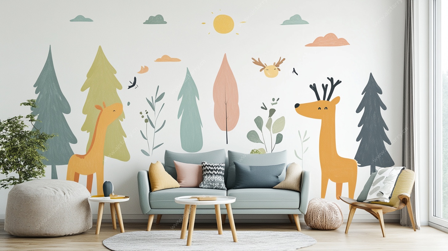 童趣森林风客厅墙绘装饰